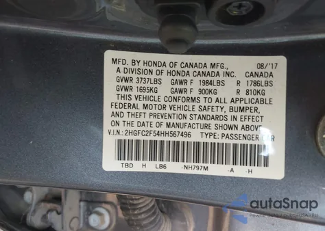 2017 Honda Civic Lx from USA, damaged, VIN 2HGFC2F54HH567496